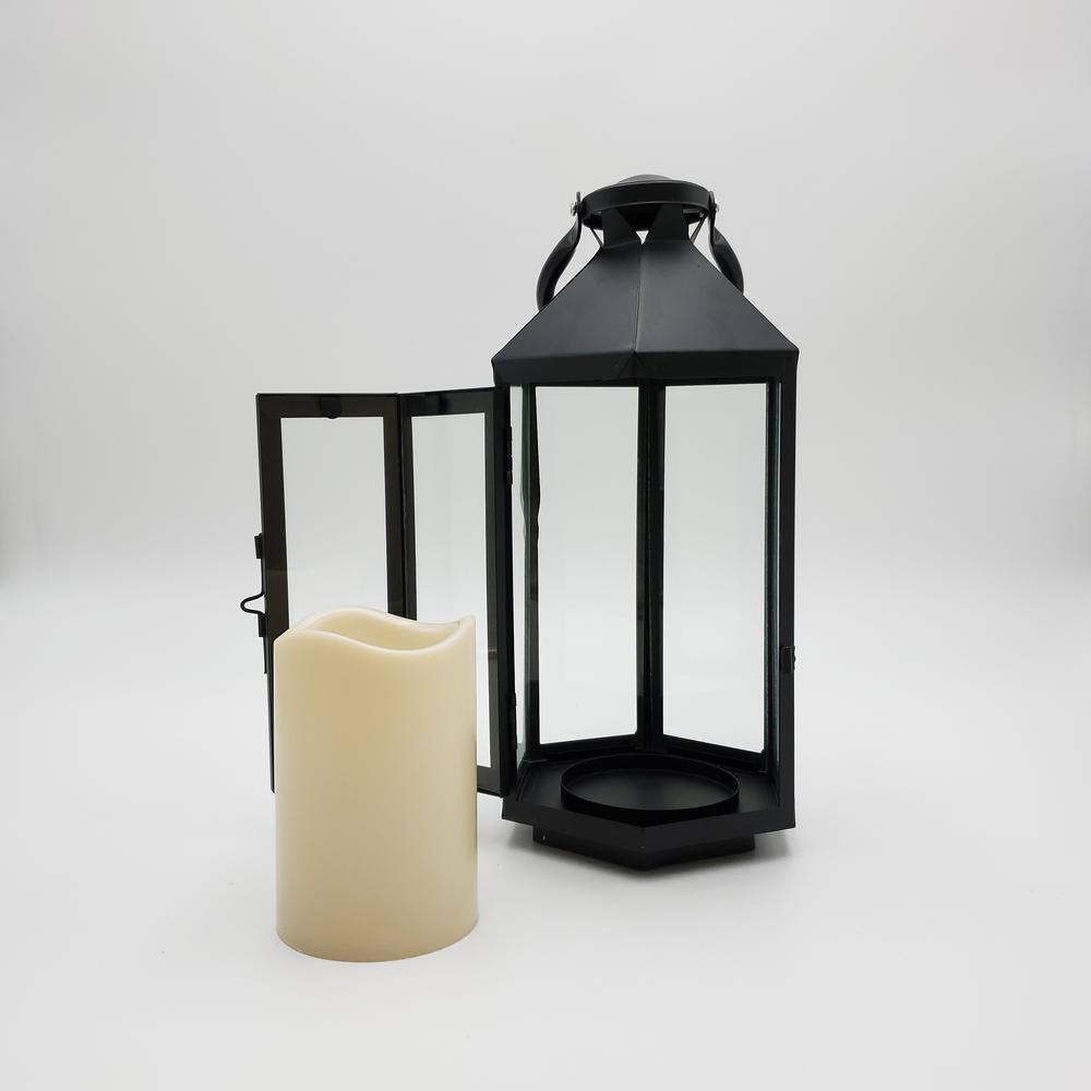 The Holiday Aisle® Black Hexagon Metal Lantern with Battery-Operated Candle