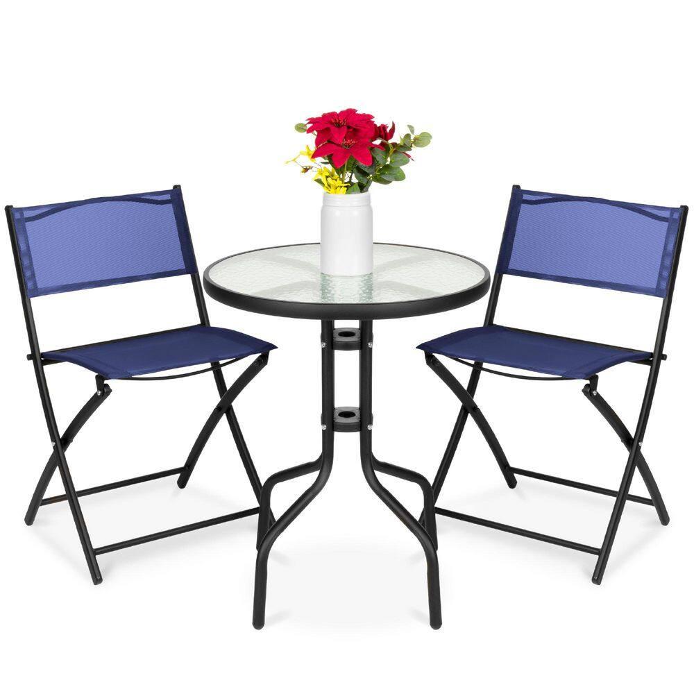 George Oliver 3-Piece Patio Bistro Dining Furniture Set W/ Glass Tabletop, Folding Chairs
