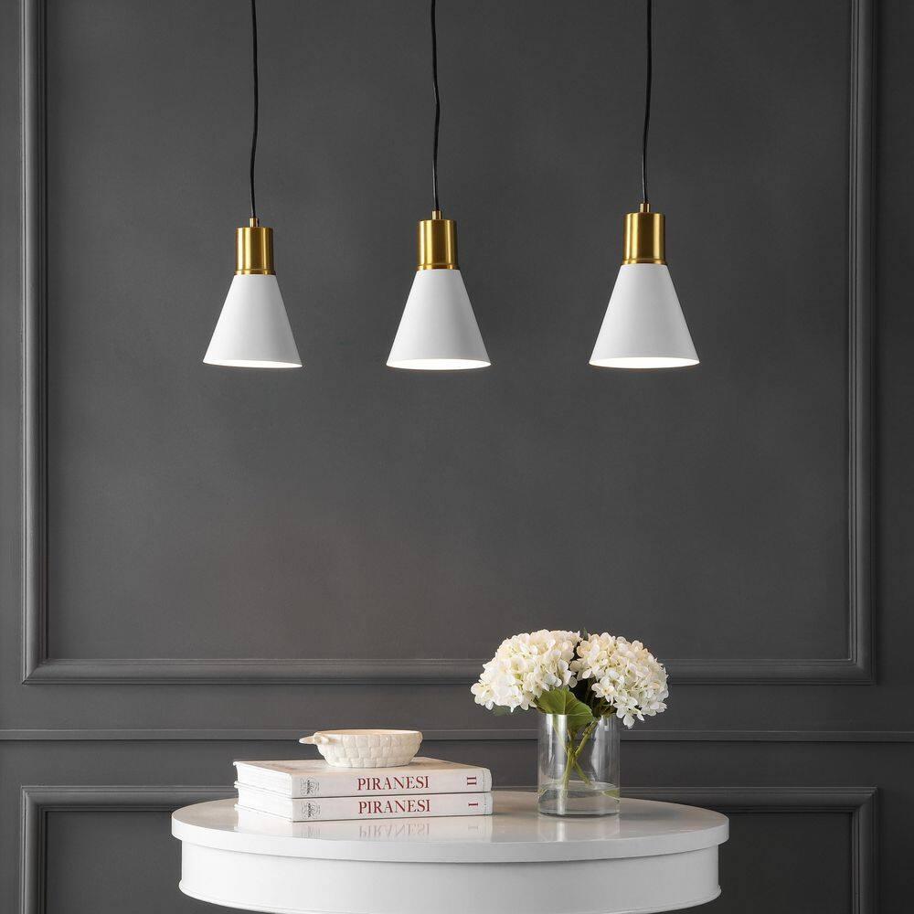 Apollo 33.5" 3-Light Mid-Century Modern Iron Adjustable Linear LED Pendant, White/Brass Gold
