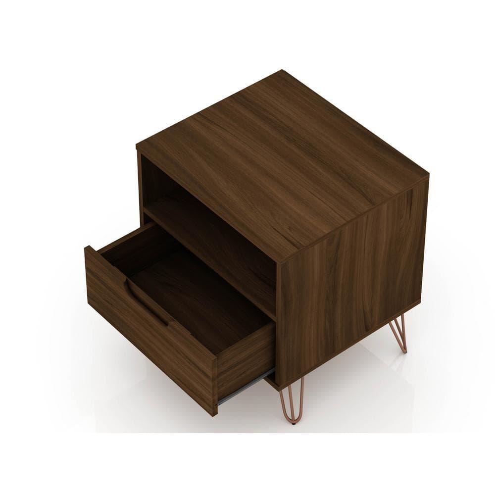 1.0 Rockefeller Nightstand Brown - Manhattan Comfort: Modern Bedside Table with Storage, Shelving & Metal Glides