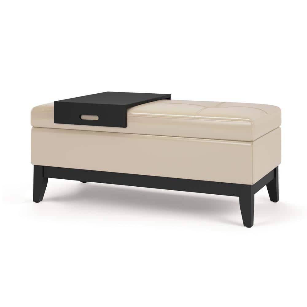 Simpli Home Oregon 42" Wd. Storage Ottoman Bench with Tray in Satin Cream Faux Leather