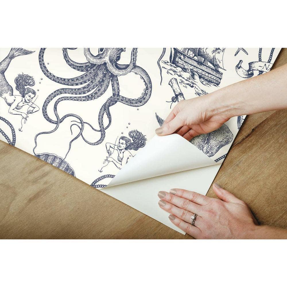 RoomMates Deep Sea Toile Blue Peel and Stick Wallpaper: Nautical Vinyl, Mermaid & Seahorses, Self-Adhesive, 28.18 Sq Ft Coverage