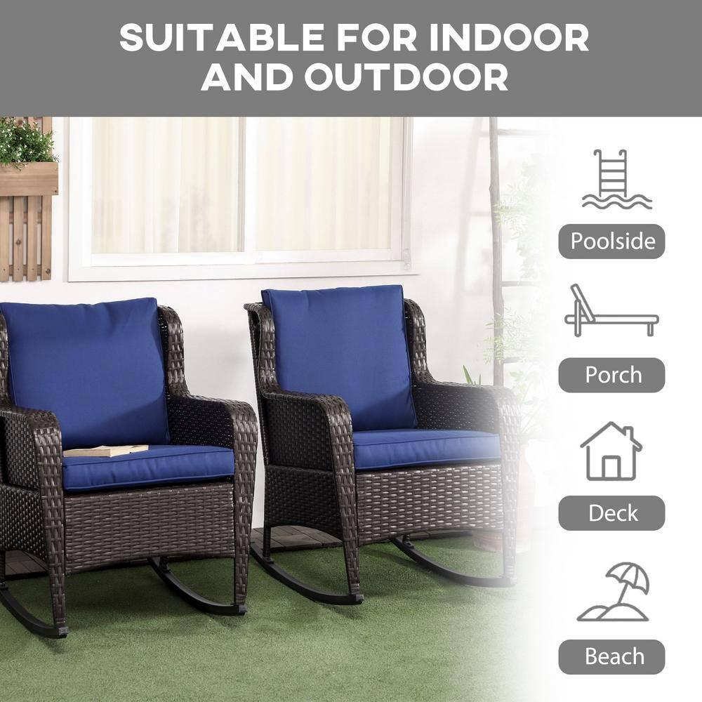 Outsunny 2 Piece Patio Wicker Rocking Chairs, Outdoor PE Rattan Swing Chairs w/ Soft Cushions for Garden, Patio, Lawn, Dark Blue