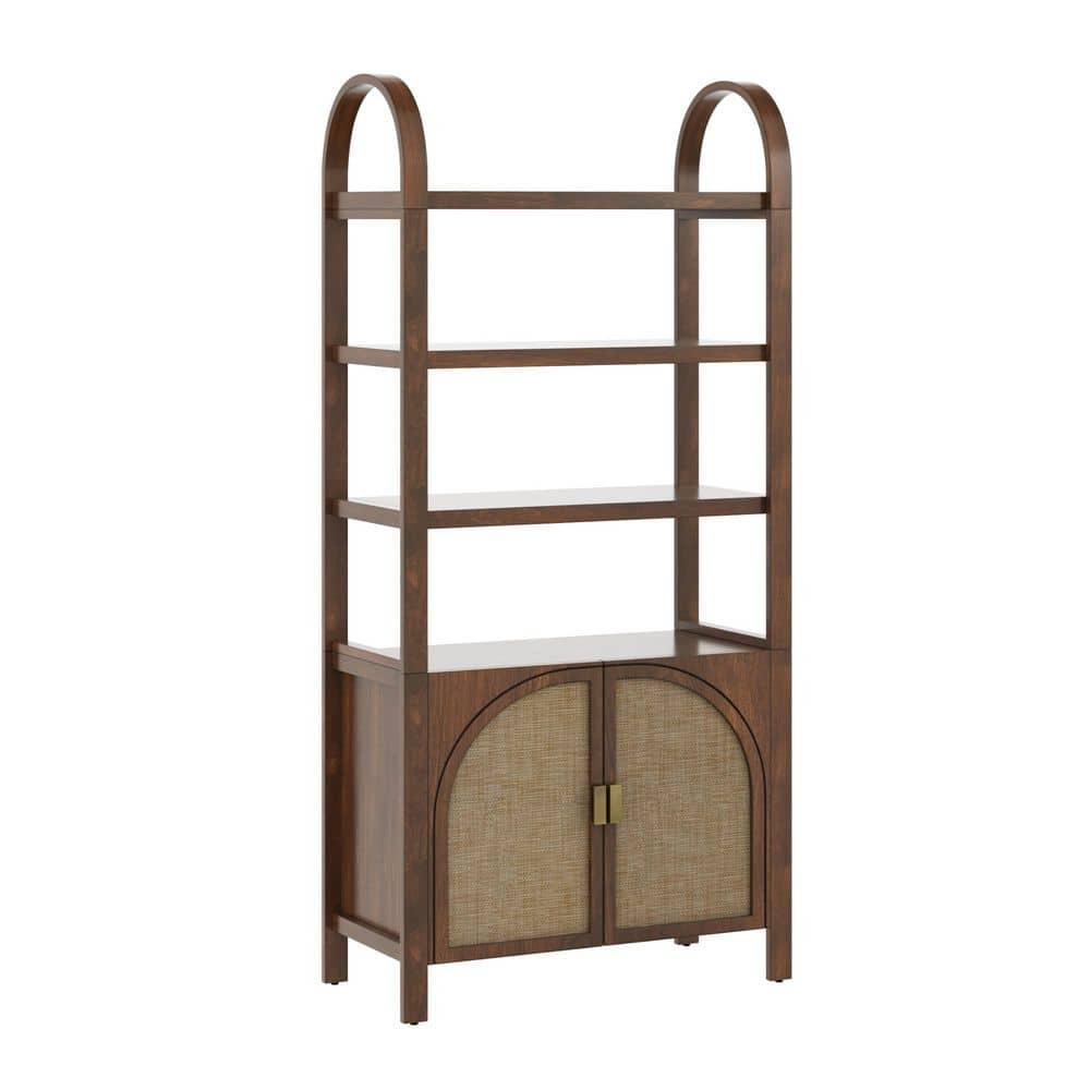 Boho 3-Shelf Bookshelf Cabinet With Rattan Doors