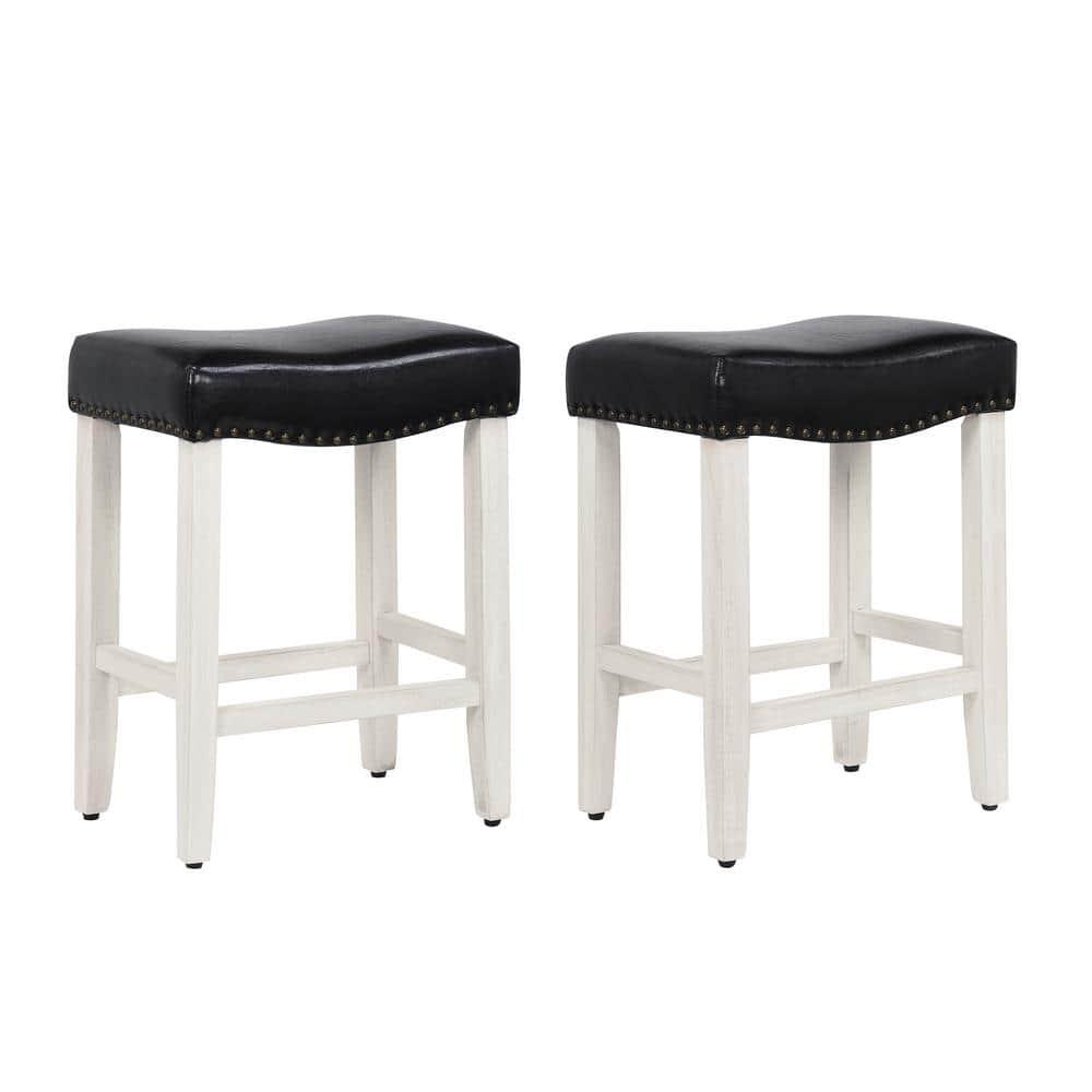 Polytrends Jameson Upholstered Polyester Antique White 24 Inch Counter Stool (Set Of 2) Antique White/Black Wood Rubberwood Footrest Leather Glam