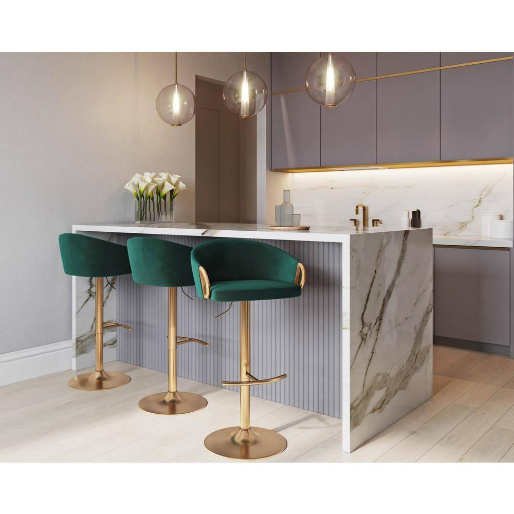Set of 2 Claire Adjustable Barstools Gold/Green - LumiSource: Chic Velvet, Metal Base, Swivel, Footrest