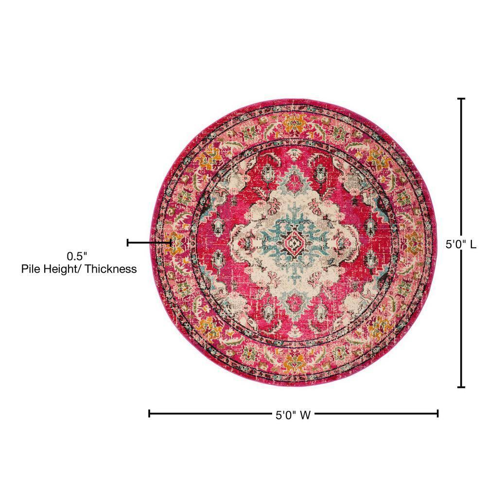 Monaco MNC243 Power Loomed Indoor Area Rug - Pink/Multi - 5' Round - Safavieh