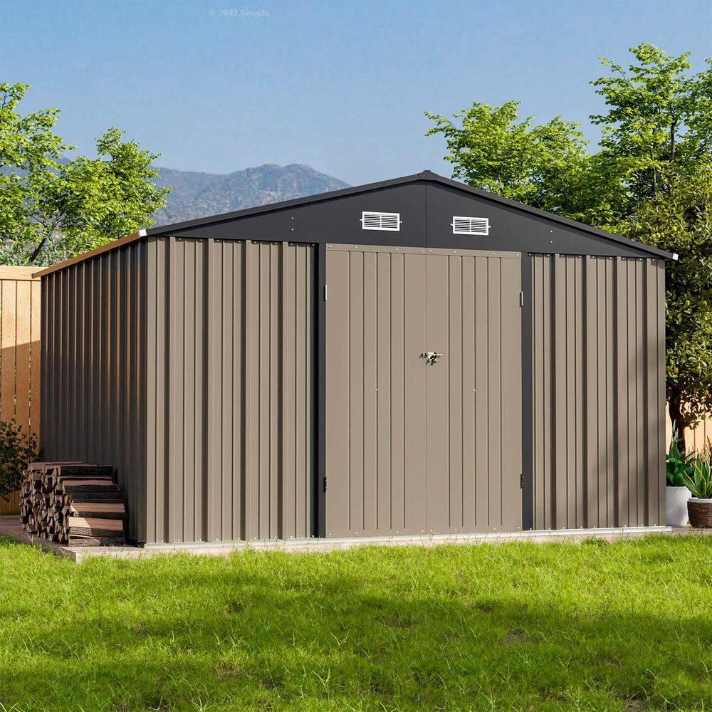 Patiowell 10' x 8' Outdoor Storage Shed with Floor Frame Kit, Metal Garden Tool Shed with Design of Lockable Doors, Utility and Tool Storage for Garden, Backyard, Patio, and Outside Use, Brown