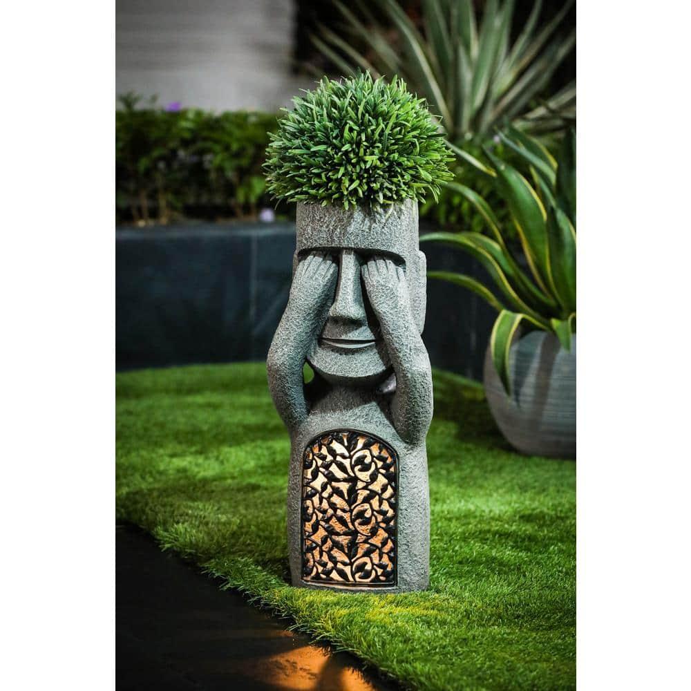 LuxenHome Gray MgO Set of 3 Garden Easter Island Solar Statues