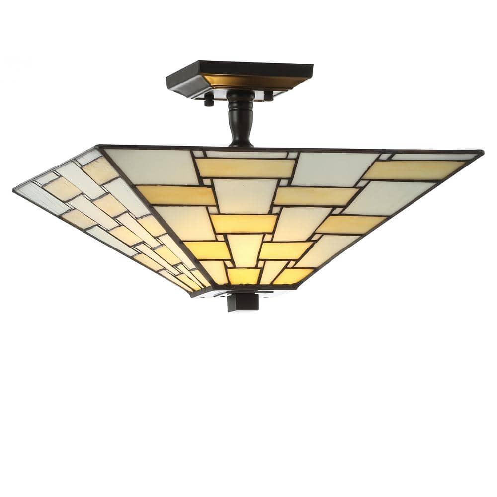 Jason 15.7 in. Tiffany-Style Glass/Metal White/Cream LED Semi-Flush Mount