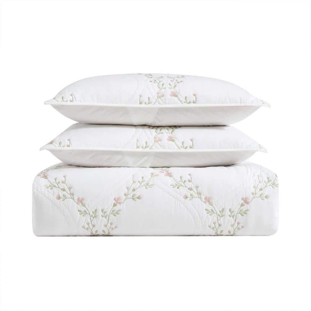 Laura Ashley - Full/Queen Quilt Set, Super Soft & Breathable Embroidered Bedding with Matching Sham(s), Floral Home Decor (Floral Embroidery Pink, Full/Queen)