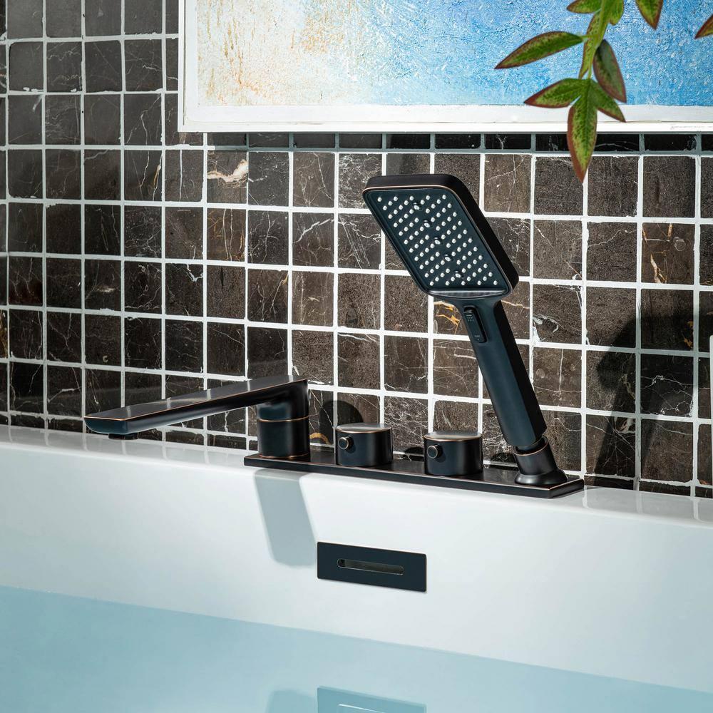 Widespread Deck Mount Roman Tub Faucet With Hand Shower, Two-Handle 4-Holes Bathtub Shower Faucet Set