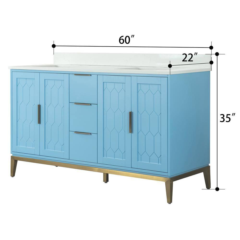 60 in Blue Solid Wood Double Sink Vanity with White Quartz Top