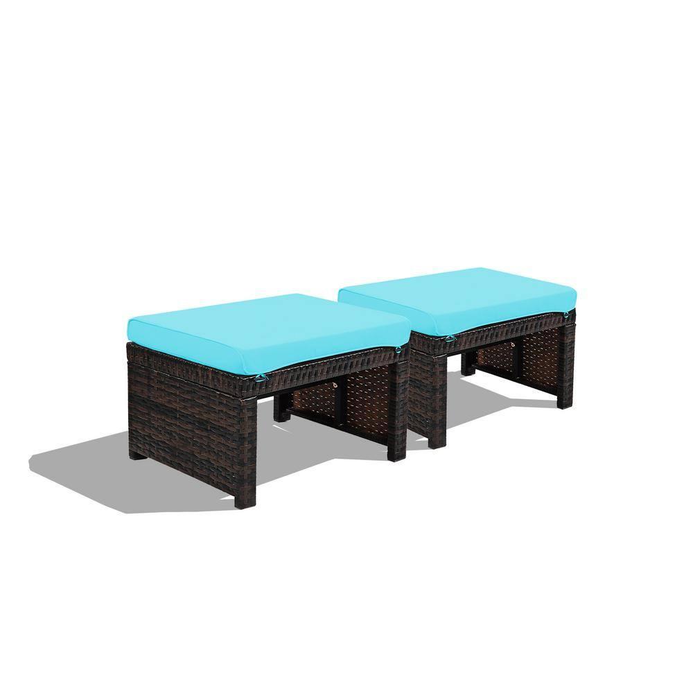 Tangkula 2 PCS Outdoor Wicker Ottoman Patio Rattan Furniture Metal Footrest Seat Square Footstool with Cushion Turquoise