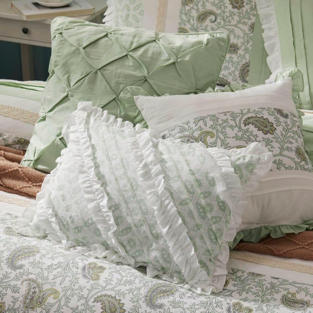 Sage Green Cotton King Reversible Comforter Set with Decorative Pillows