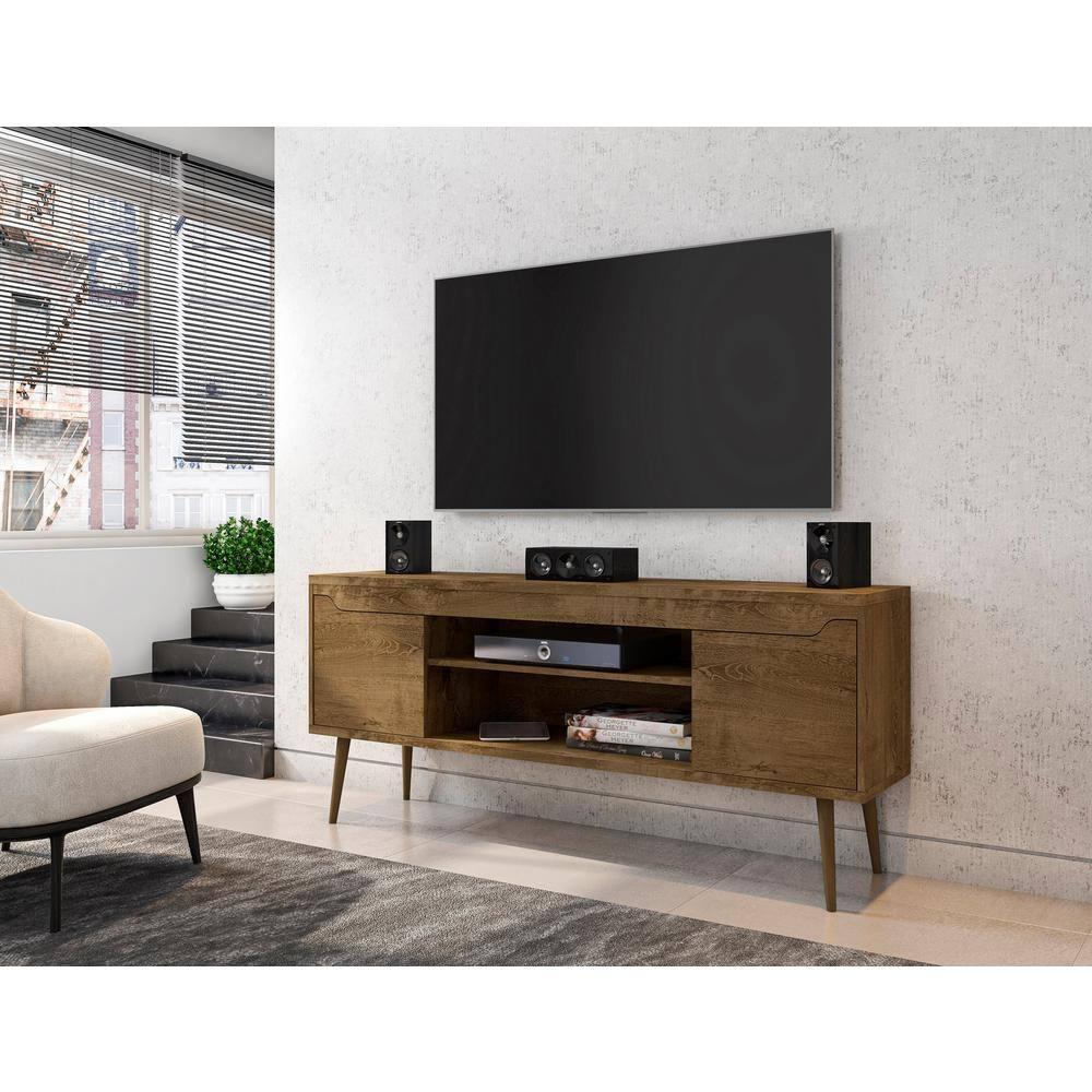 Bradley TV Stand for TVs up to 60" Rustic Brown - Manhattan Comfort: Mid-Century Modern Entertainment Center