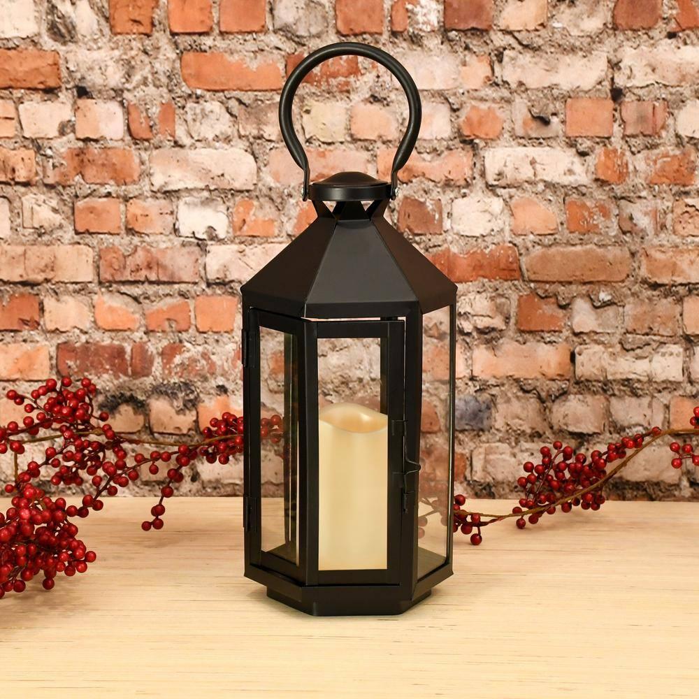 The Holiday Aisle® Black Hexagon Metal Lantern with Battery-Operated Candle