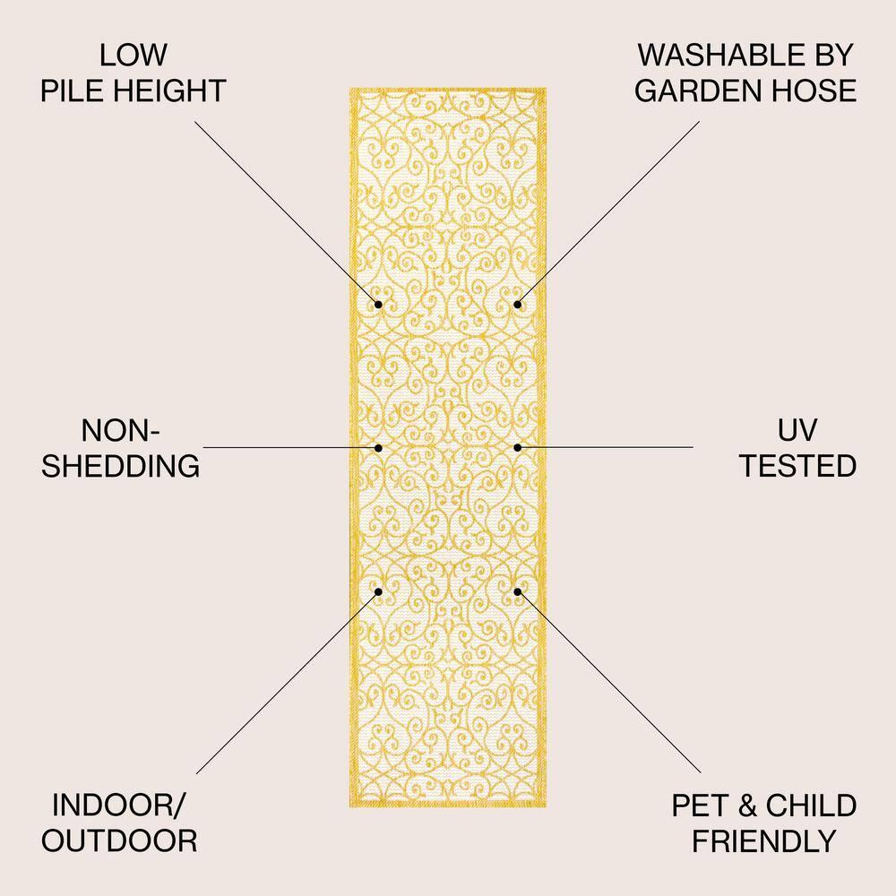 2' x 8' Madrid Vintage Filigree Textured Weave Indoor/Outdoor Runner Rug, Cream/Yellow - JONATHAN Y