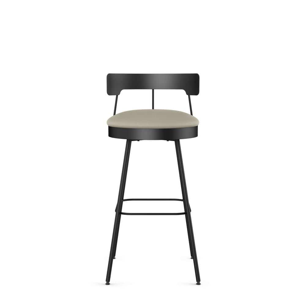 Greige Faux Leather Swivel Bar Stool with Black Metal Base