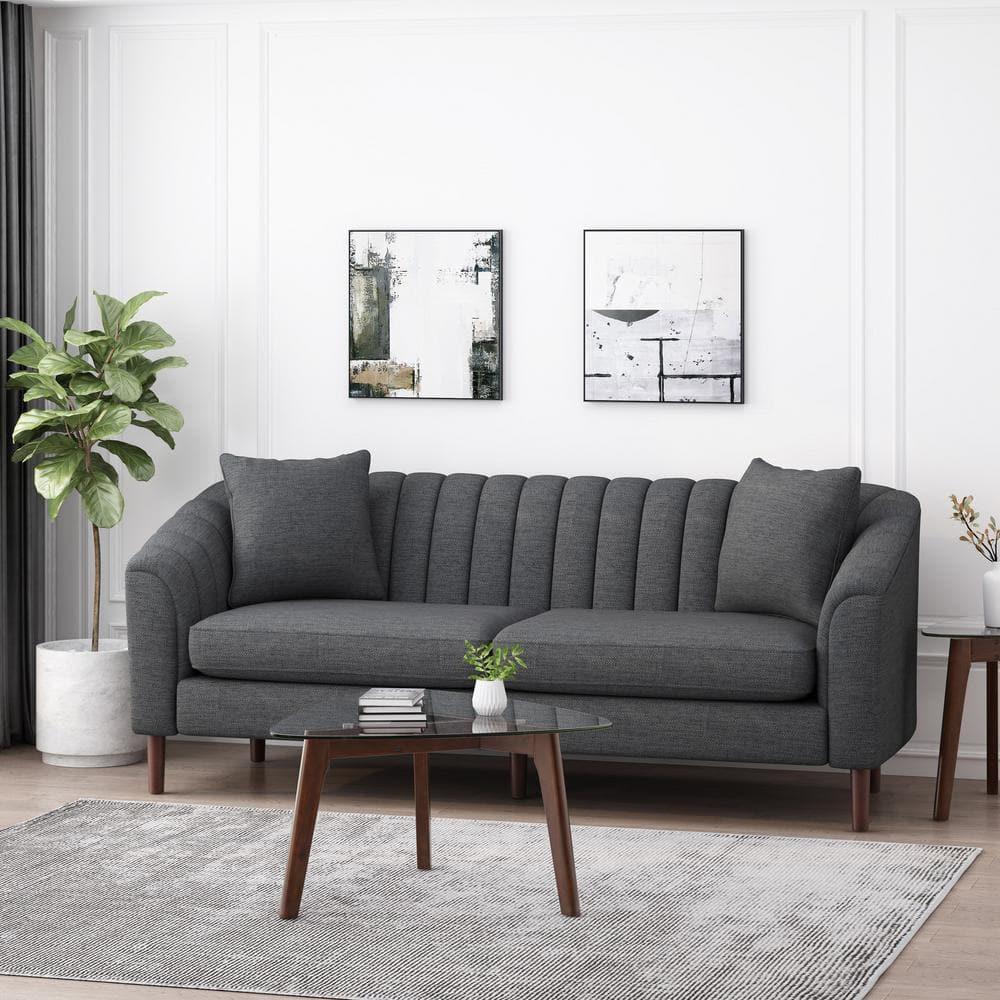 Noble House Currie Fabric Tufted 3 Seater Sofa, Charcoal, Dark Walnut
