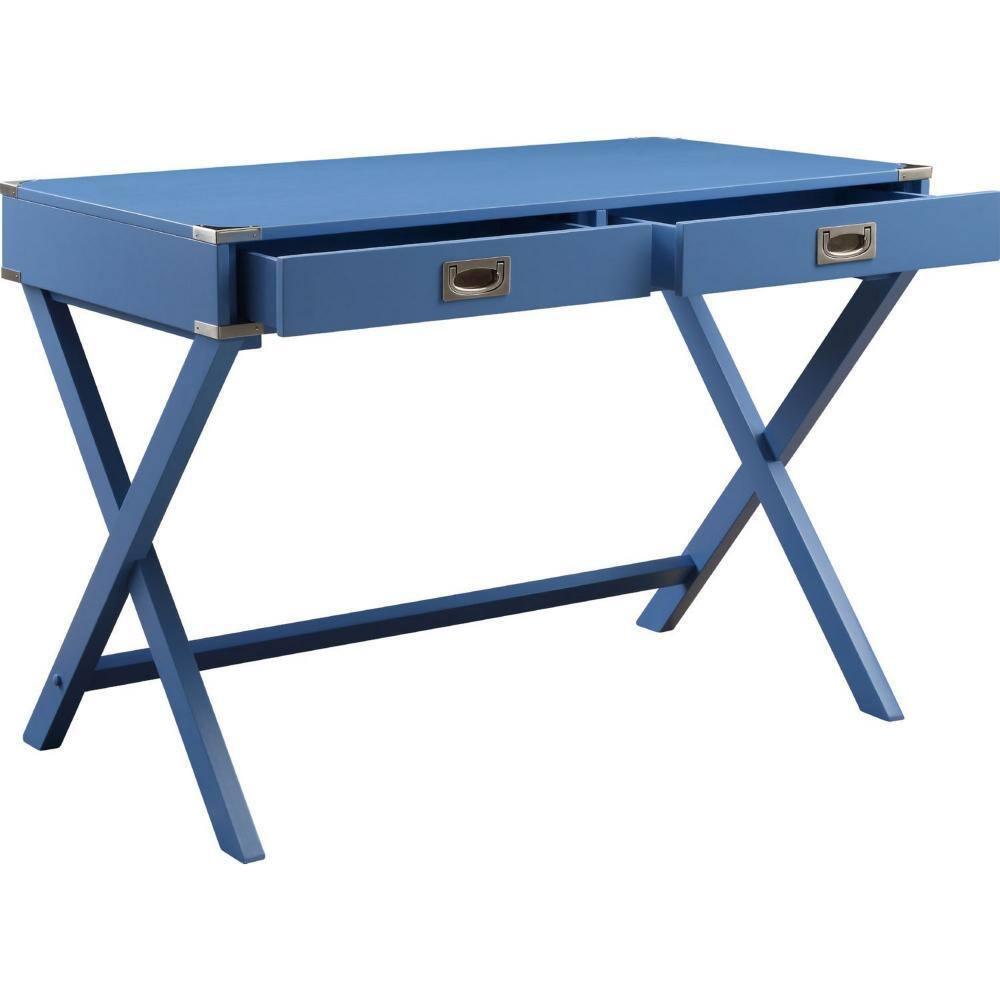 Furniture Modern Blue Writing Desk (24D x 42W x 30H, X-Shaped Base) - 2 Drawers