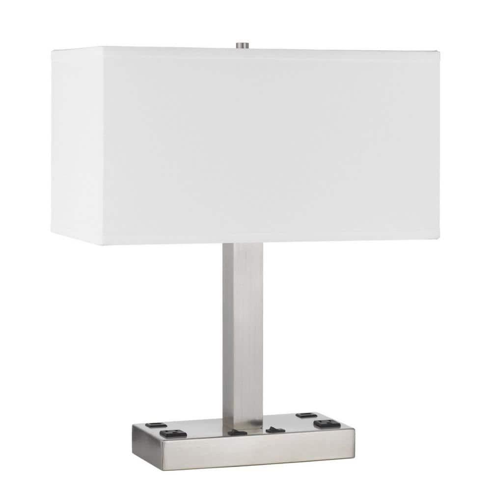 21 in. Nickel Metal Two Light Desk USB Table Lamp with White Rectangle Shade