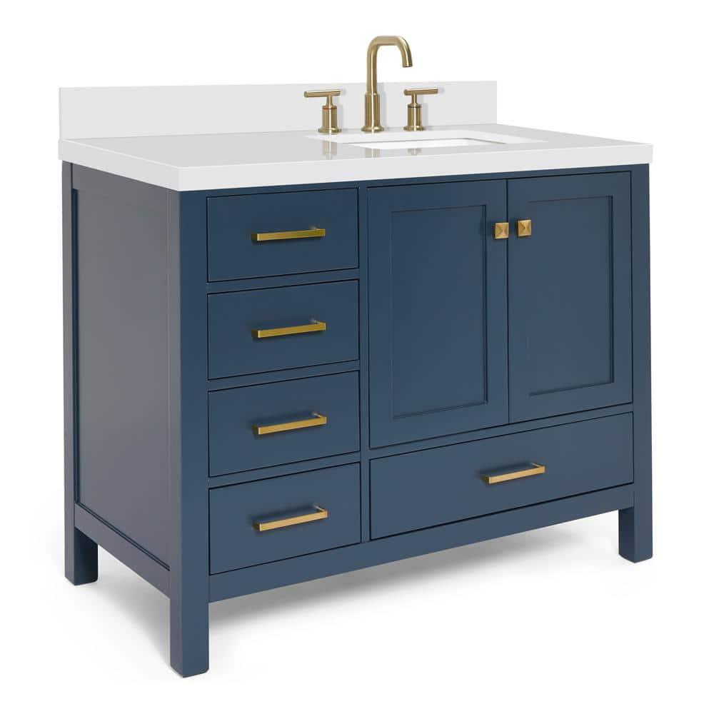 ARIEL Cambridge 43 Inch Midnight Blue Bathroom Vanity with Single Sink, Solid Wood, White Quartz Countertop, 1.5-Inch Edge, Right Rectangular Undermount Sink, 2 Soft Closing Doors, 5 Drawers