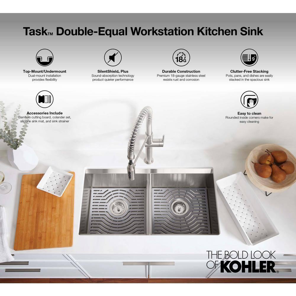 Task Smart Divide33-In X 22-In Top-Mount/Undermount Double-Equal Workstation Kitchen Sink With Accessories