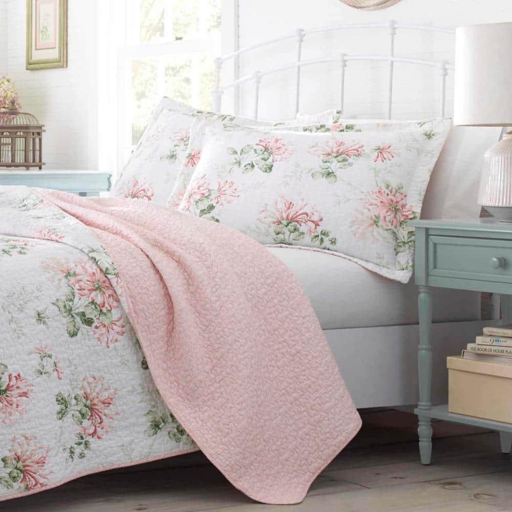 Laura Ashley Laura Ashley Honeysuckle Cotton Reversible Pink Quilt Set