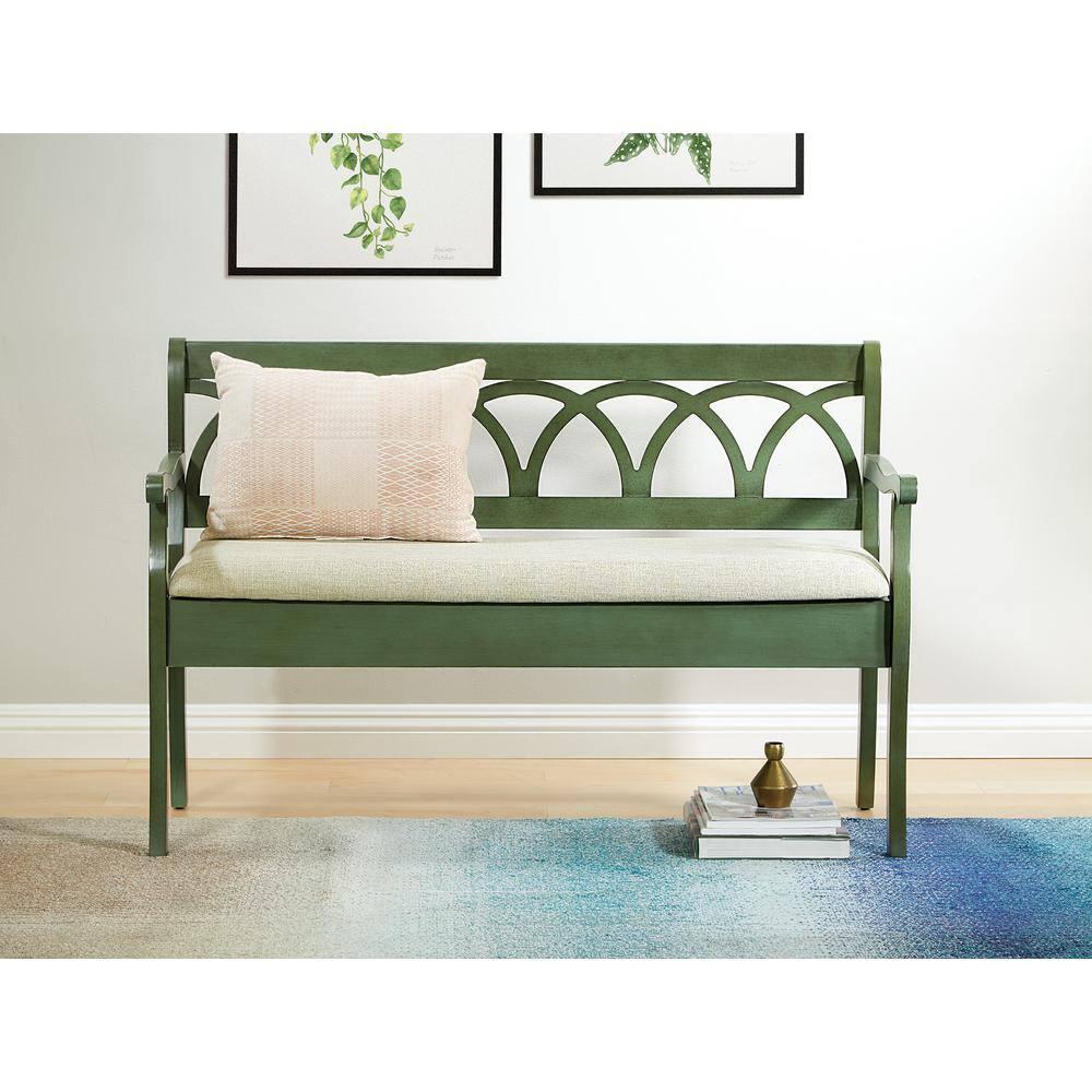 OSP Home Furnishings Coventry Storage Bench in Antique Sage Frame and Beige Seat Cushion K/D