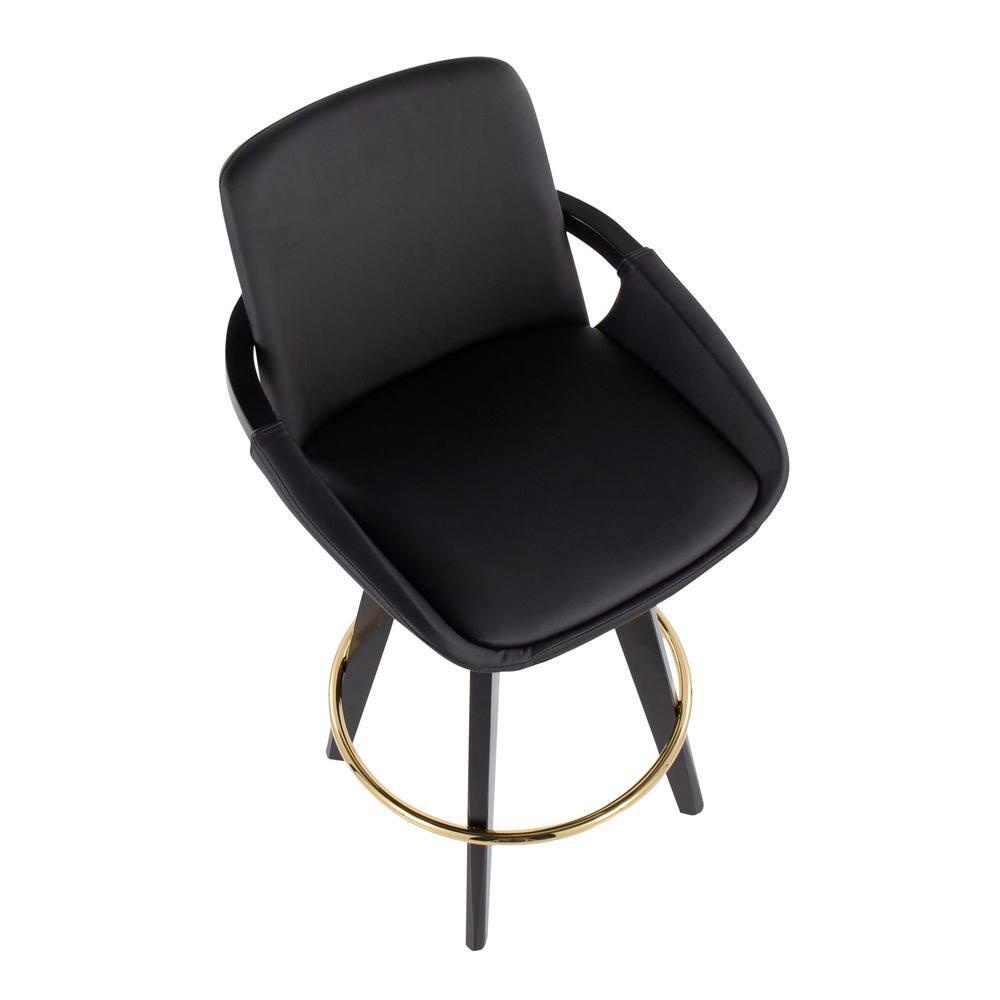 Set of 2 Cosmo PU Leather/Metal/Wood Counter Height Barstools Black/Gold - LumiSource: Swivel Seat, Fixed Height