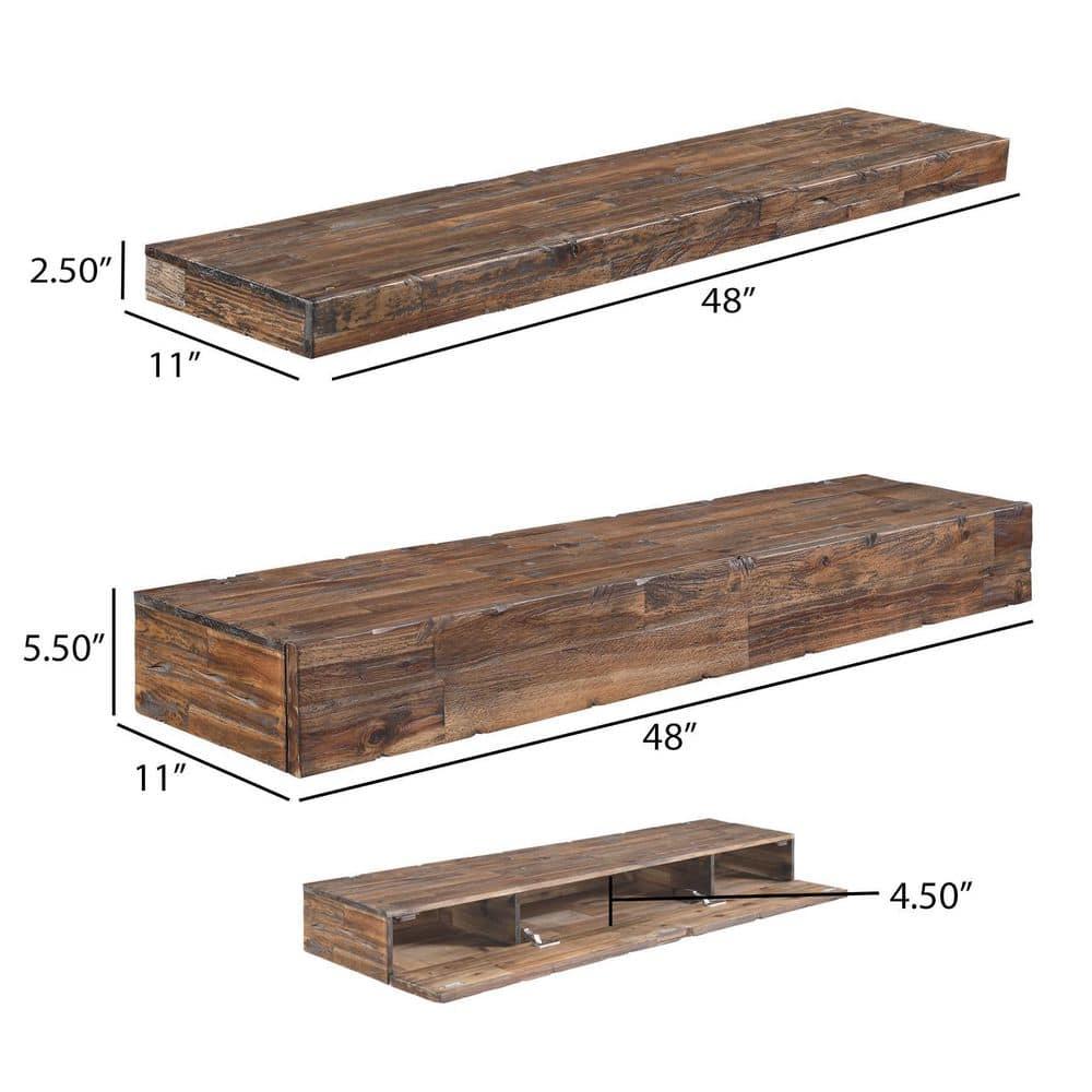 Northbeam Distressed Floating Shelf Set Hidden Storage Shelves Rustic 11.00 x 48.00 in, 3 Count