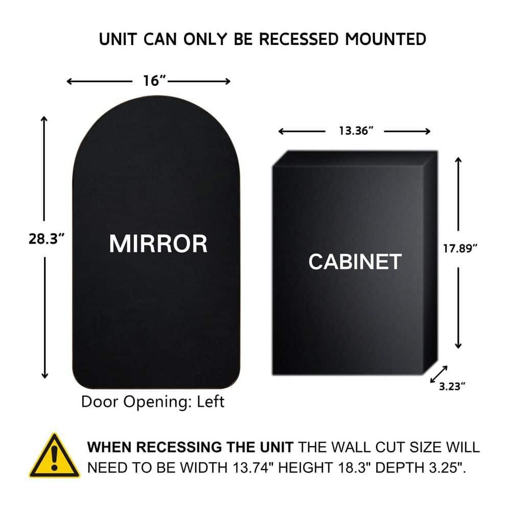 TEHOME 16 in. W x 28.3 in. H Arched Metal Framed Recessed Medicine Cabinet with Mirror for bathroom in Black