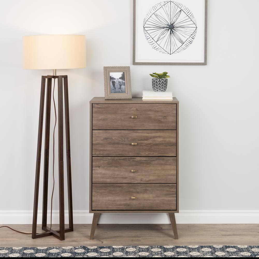 Mid-Century Modern 4 Drawer Chest Drifted Gray - Prepac: Sleek Bedroom Storage, Brass Knobs