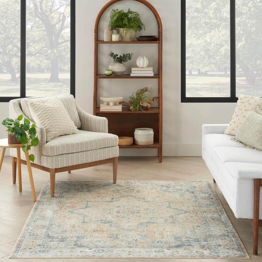 Nourison Astra Machine Washable Vintage Medallion Indoor Rug Beige Blue 4' x 6'
