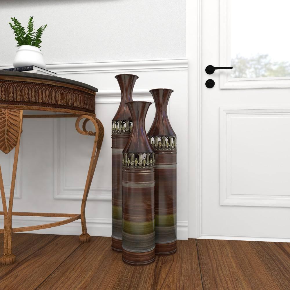 DecMode 34", 31", 28"H Tall Ombre Bronze Metal Vase with Laser Cut Antefix Design, Set of 3