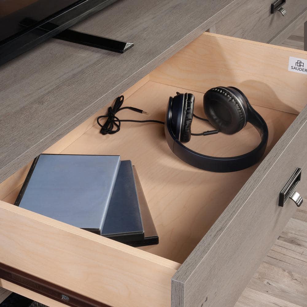Sauder Trestle TV Stand with Drawers in Mystic Oak for TVs up to 60", Mystic Oak Finish