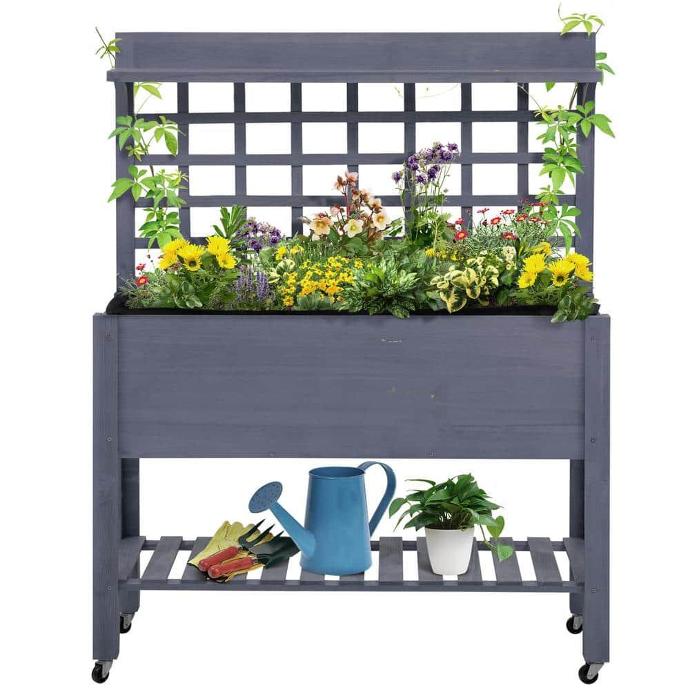 Gray Wood Raised Garden Bed with Trellis and Wheels