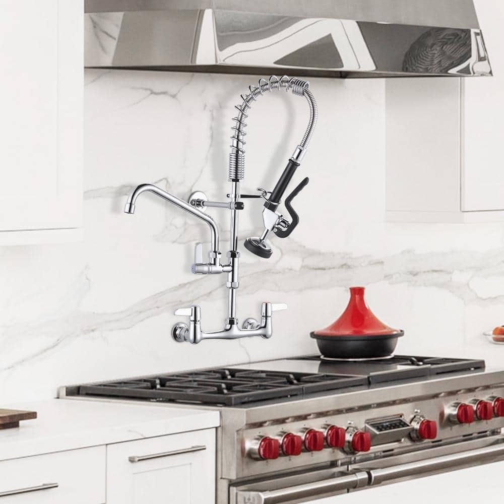 Commercial Kitchen Sink Faucet with Pull Down Sprayer, Pre-Rinse Wall Mount Faucet Chrome Commercial Kitchen Faucets with Sprayer 25" Height Water Faucets with 9.6" Add-on Swing Spout for Restaurant