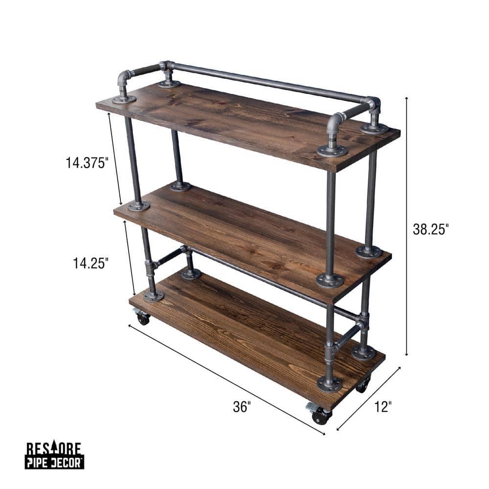 PIPE DECOR Restore by  Industrial 3 Tier Solid Wood & Steel Pipe Bar Cart with Wheels Trail Brown
