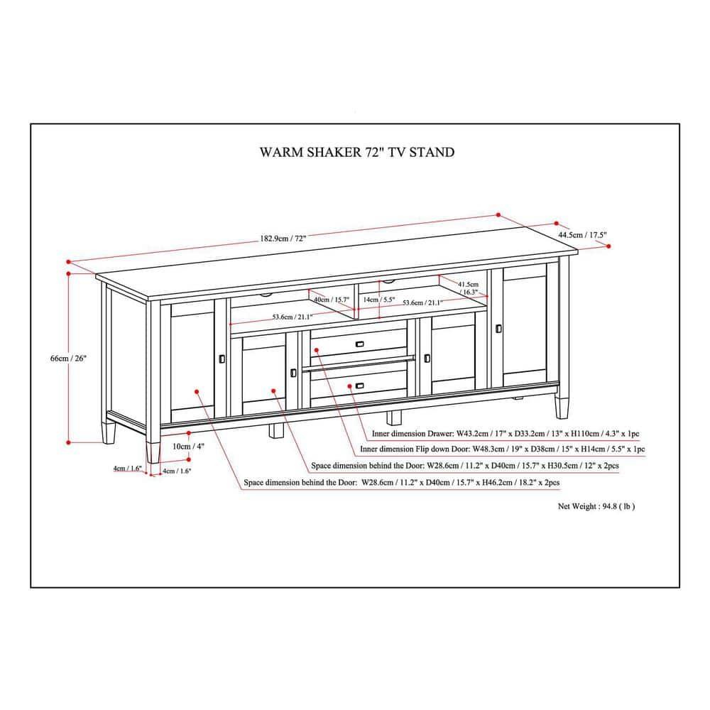 Simpli Home Warm Shaker 72"W Solid Wood TV Stand for TVs up to 80" with 4 Storage Cabinets and 2 Drawers