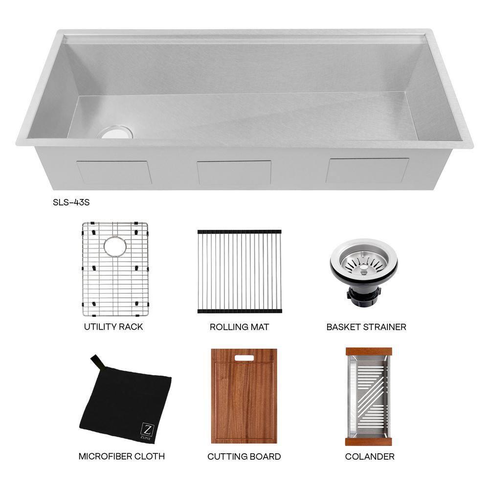 ZLINE 43 in. Garmisch Undermount Single Bowl DuraSnow Stainless Steel Kitchen Sink W/ Bottom Grid & Accessories (SLS-43S)