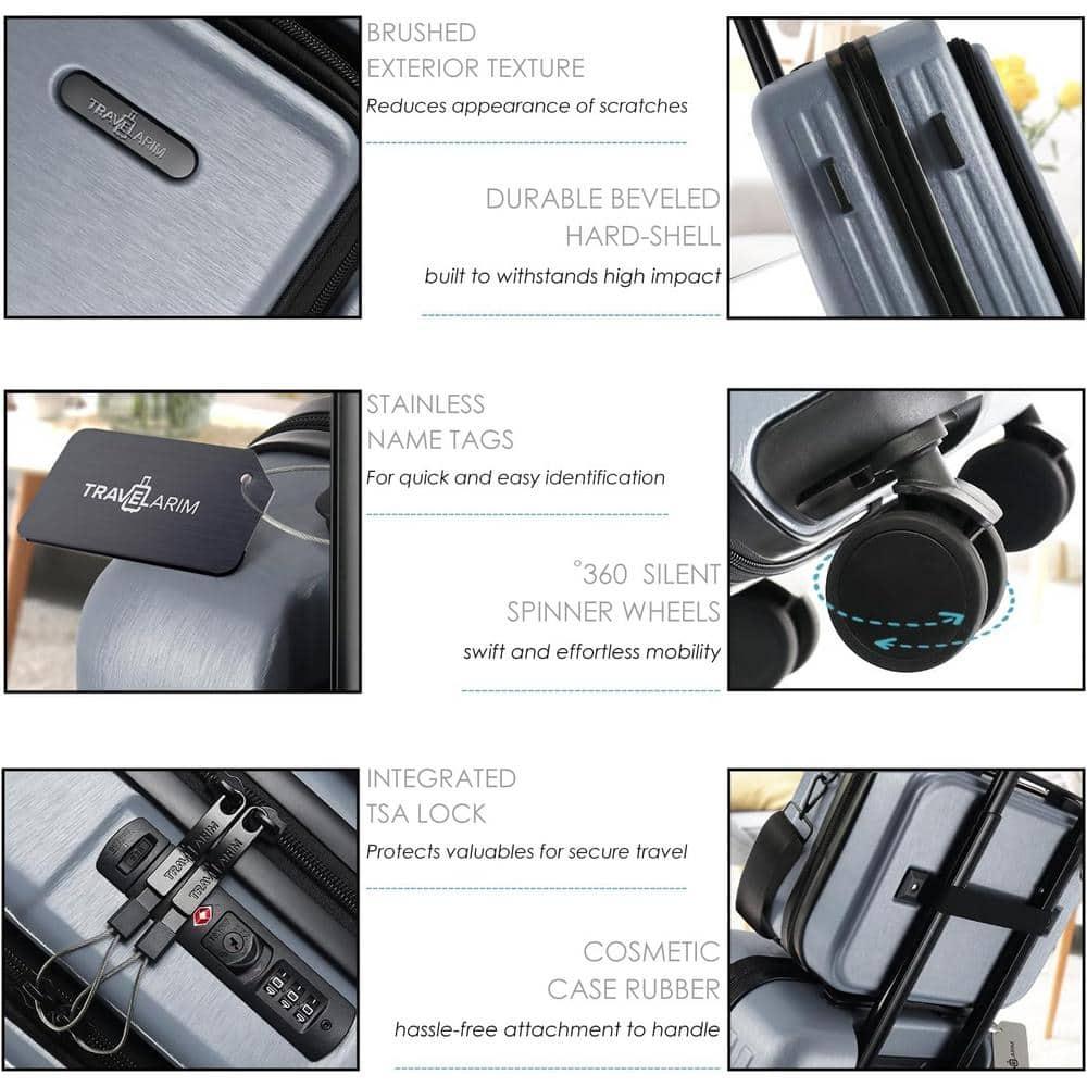 TravelArim 22" Airline Approved Hard-shell Carry On Luggage with Attachable Cosmetic Case - Gray