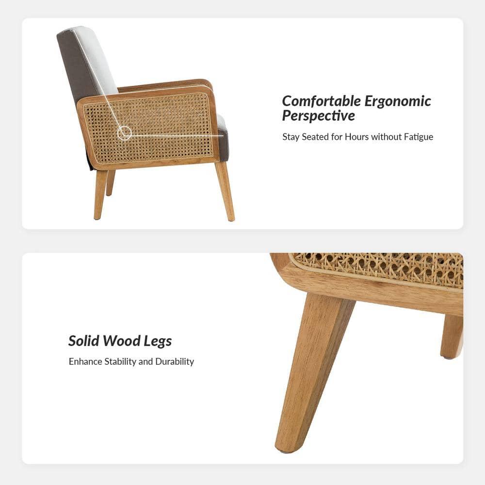 Farmhouse Accent Chair Rattan Armrests Fabric Upholstered Wooden Reading Armchair Living Bedroom Pewter