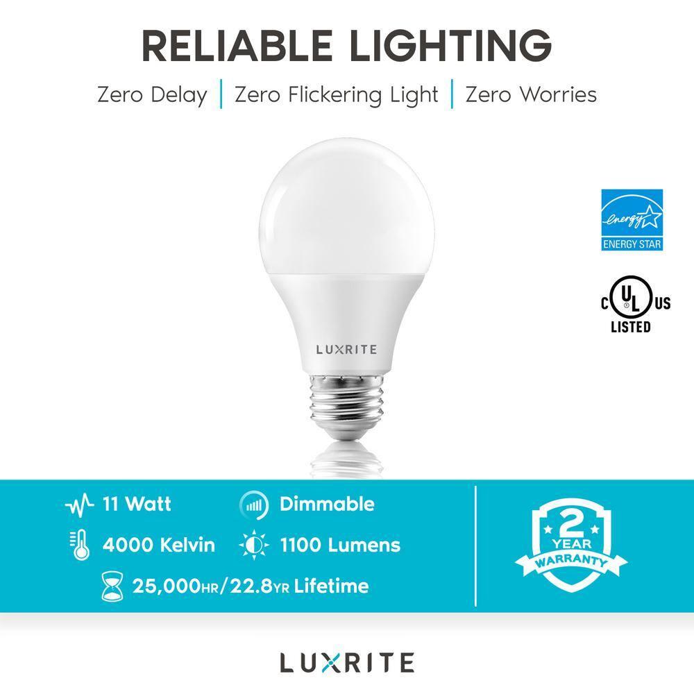 Luxrite A19 LED Dimmable Light Bulb 11W=75W Equivalent 4000K Cool White, 1100 Lumens E26, 6-Pack