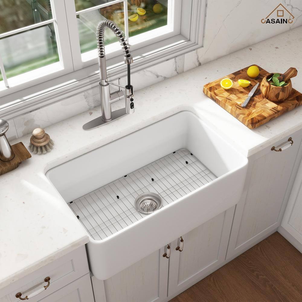 CASAINC Single Bowl White Fireclay Farmhouse Kitchen Sink With Faucet Included