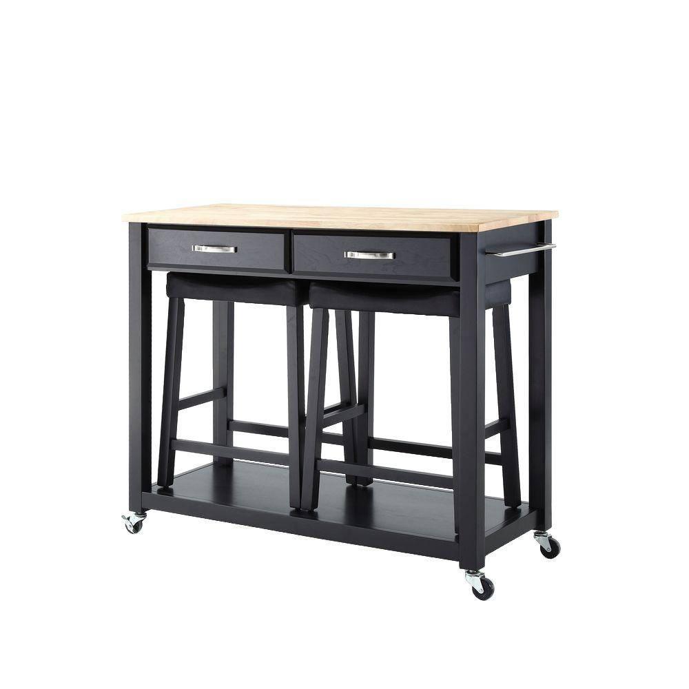 Wood Top Kitchen Prep Cart with 2 Upholstered Saddle Stools Black - Crosley: Mobile Island, Storage, Towel Bar