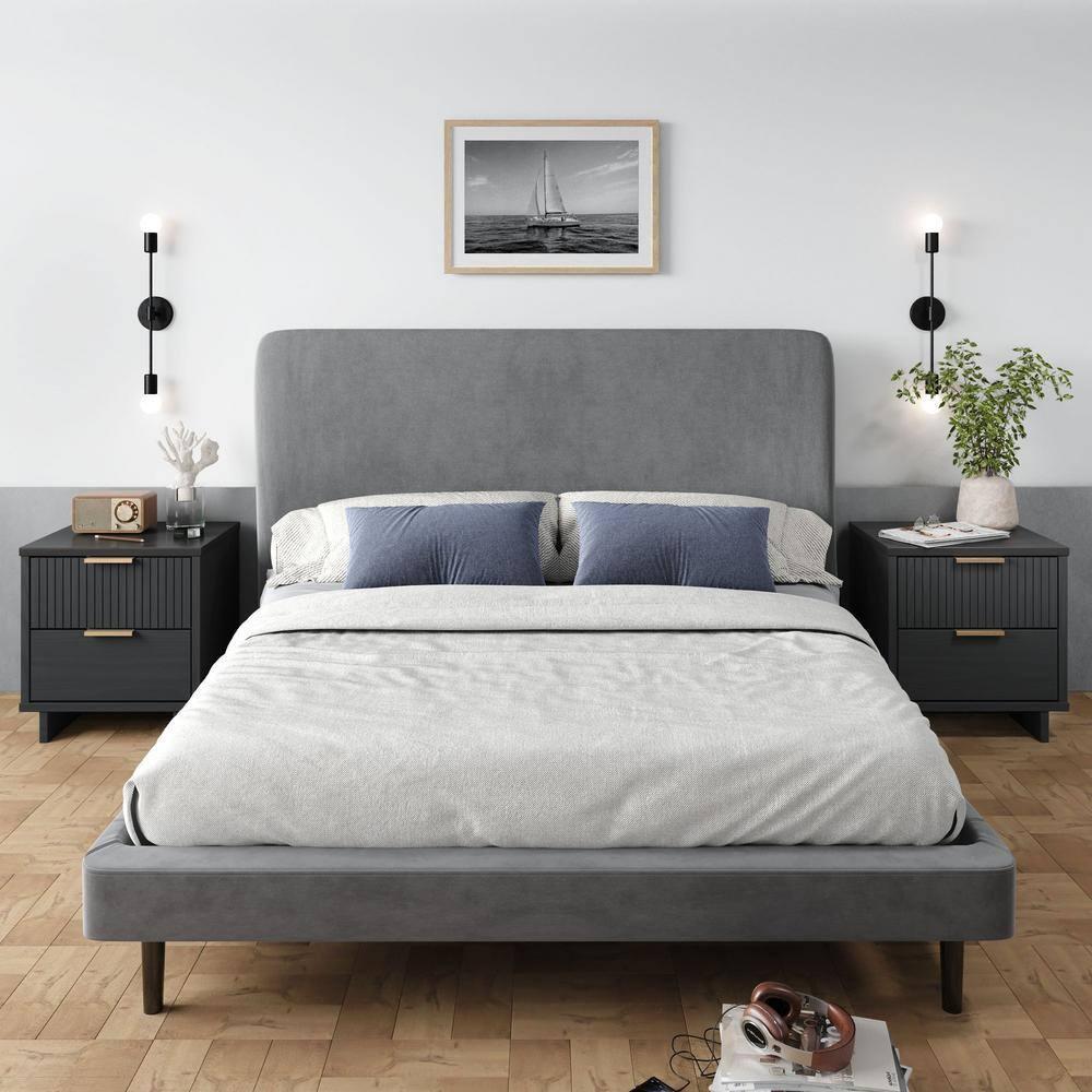 Manhattan Comfort Set of 2 Granville 2 Drawer Nightstands Dark Gray: Modern Design, Soft Close, Metal Handles
