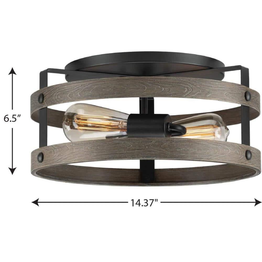 Progress Lighting Gulliver 2-Light Flush Mount Ceiling Light, Graphite, Open-Cage Design, Faux-Wood Finish