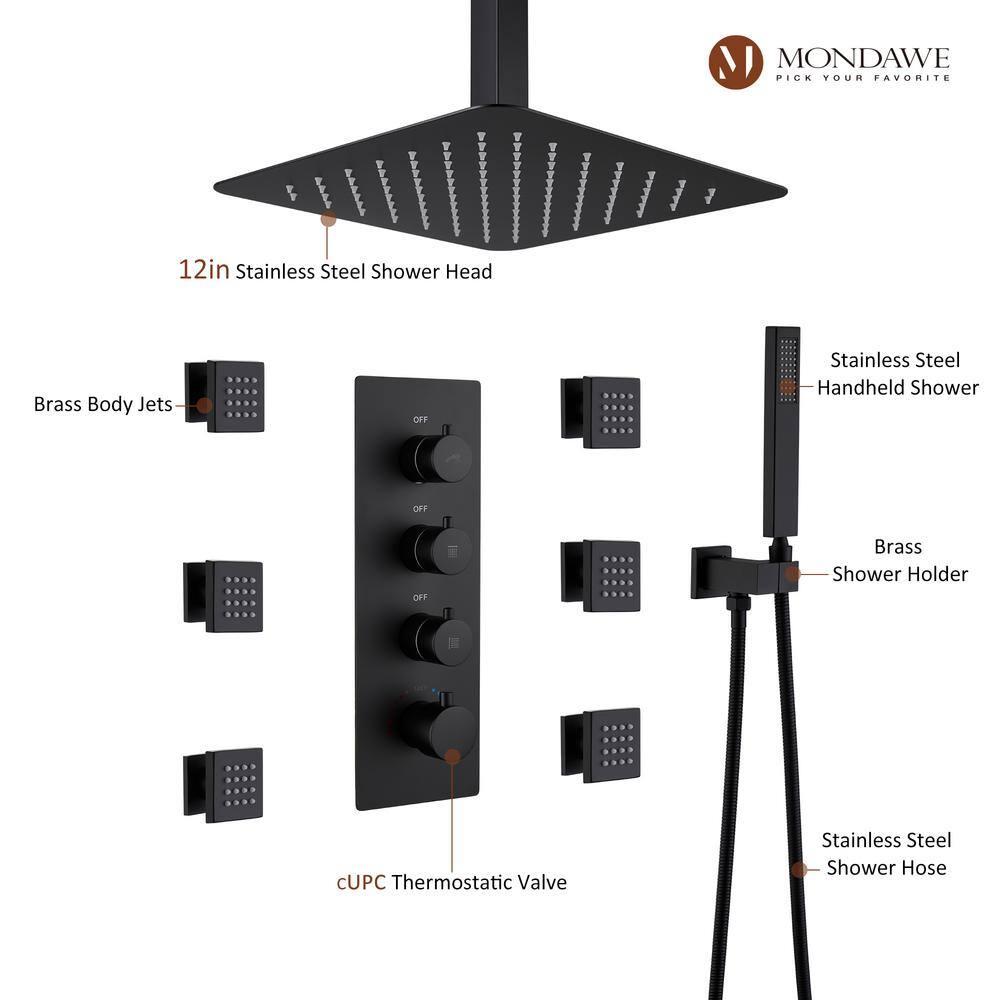 Herathena 3 Functions Ceiling Mounted Luxury Shower System with 6 Body Jets (Rough-in Valve Included)
